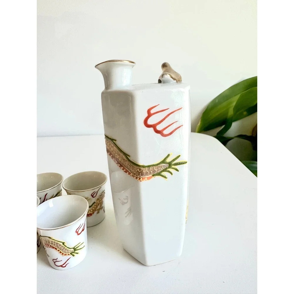 Vintage Japanese Porcelain‎ Sake Set Hexagonal Dragon Decanter 4 Cups Gold Trim